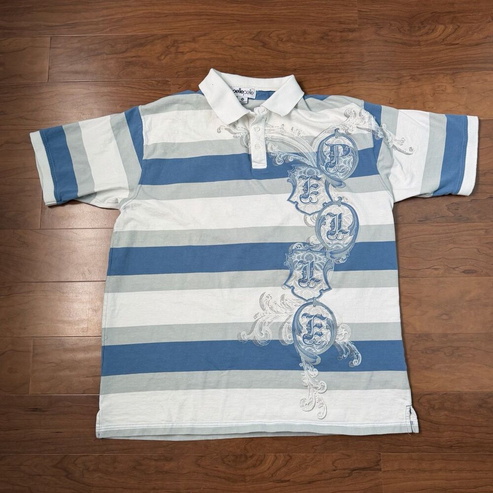 Pelle Pelle Polo Shirt Embroidered Logo Men 3XL Blue White Stripe Y2K Hip Hop